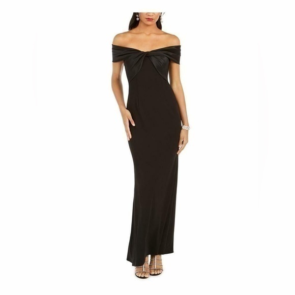 Eliza J Black Satin Bow Twist Front Off The Shoulder Evening Dress Gown 4